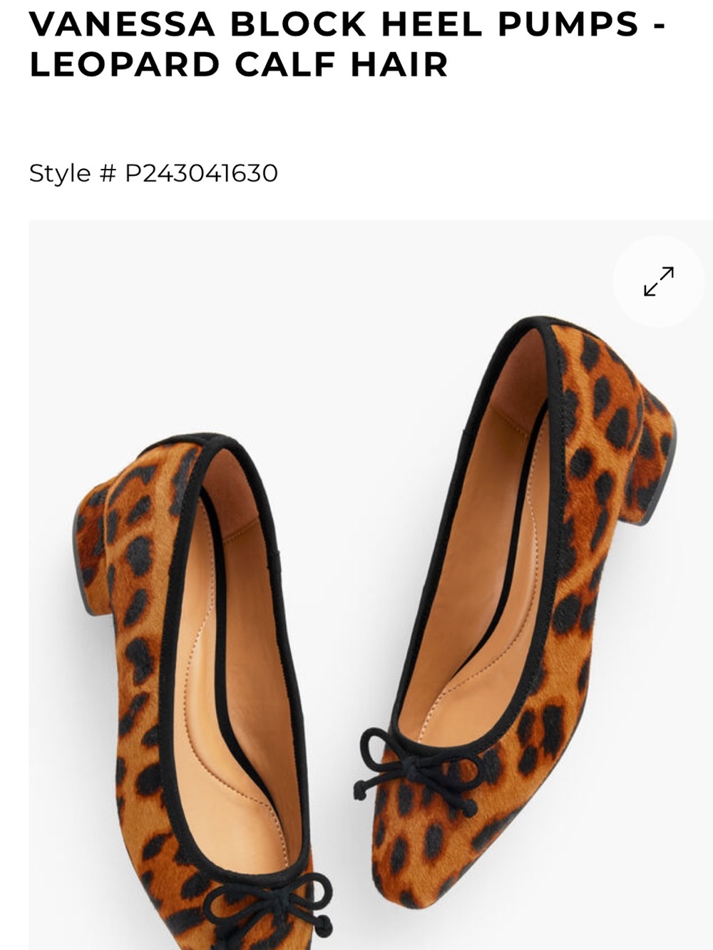 NWOT Talbots Vanessa Block Heel Pump in Leopard Calf Hair, Size 7